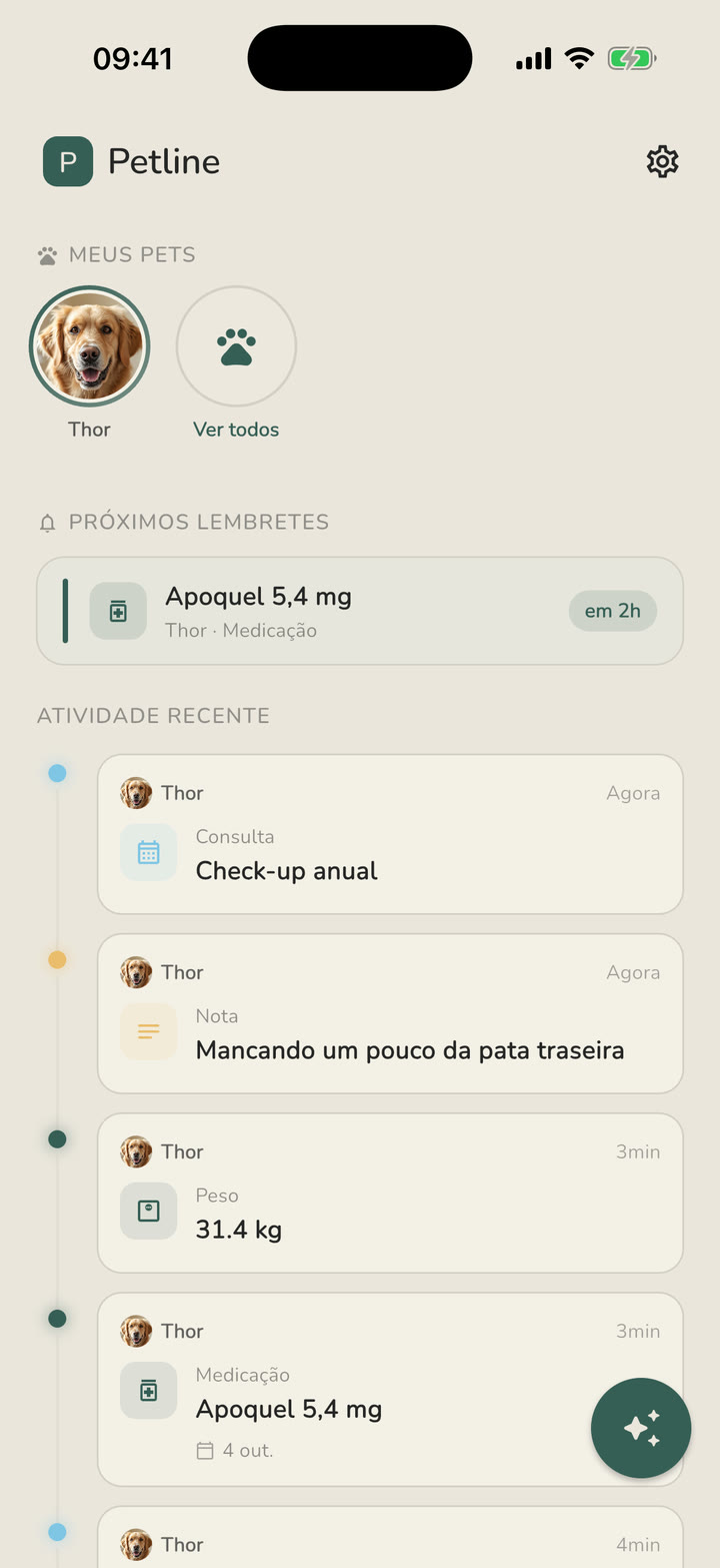 Tela inicial do Petline: pets, próximos lembretes e atividade recente