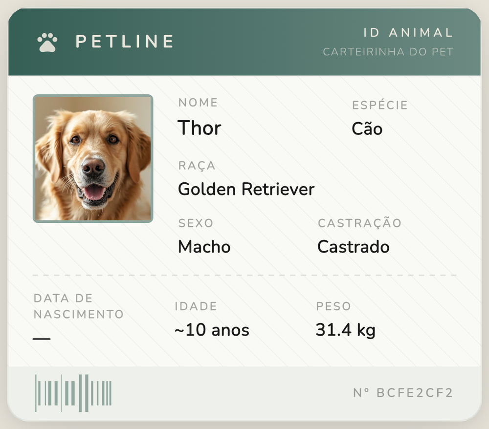 Carteirinha ID Pet do Thor, com foto, raça, sexo, castração, idade e peso